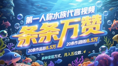 第一人称水族代言视频，条条万赞，20条作品涨粉7.8W，多种变现方式月入五位数-极光网创
