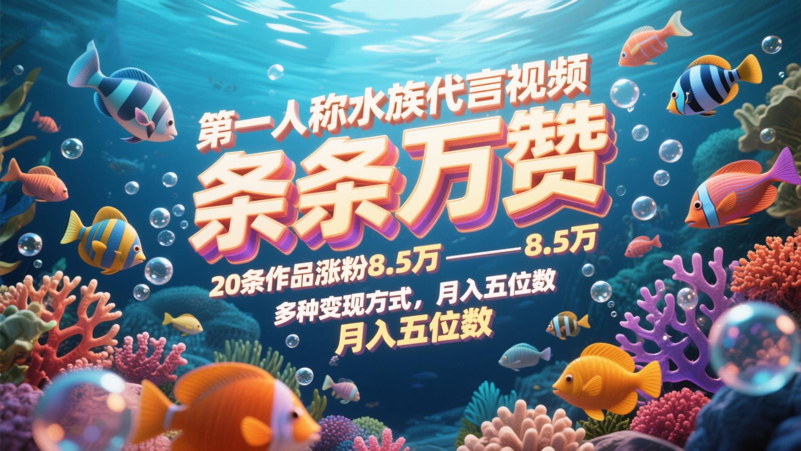第一人称水族代言视频，条条万赞，20条作品涨粉8.5万，多种变现方式月，入五位数-极光网创