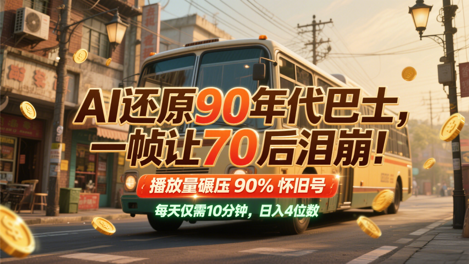 AI还原90年代巴士，一帧让70后泪崩！播放量碾压90%怀旧号，每天10分钟，日入4位数-极光网创