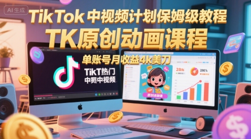TikTok中视频计划保姆级教程，TK原创动画课程，单账号月收益4k美刀-极光网创