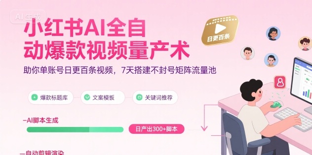 小红书AI全自动爆款视频量产术，助你单账号日更百条视频，7天搭建不封号矩阵流量池-极光网创