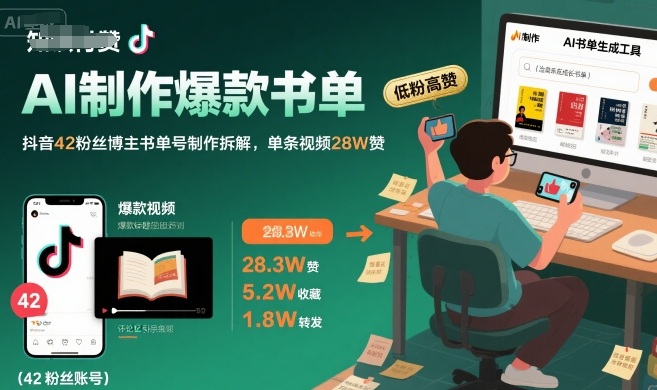 AI制作爆款书单，抖音42粉丝博主书单号制作拆解，单条视频28W赞-极光网创