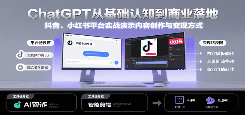 ChatGPT从基础认知到商业落地，实战演示抖音、小红书等平台的内容创作与变现-极光网创