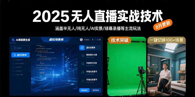 2025无人直播实战技术-8月，涵盖半无人/纯无人/AI实景/绿幕录播等主流玩法-极光网创