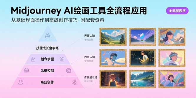 Midjourney AI绘画工具全流程应用，从基础界面操作到高级创作-附配套资料-极光网创