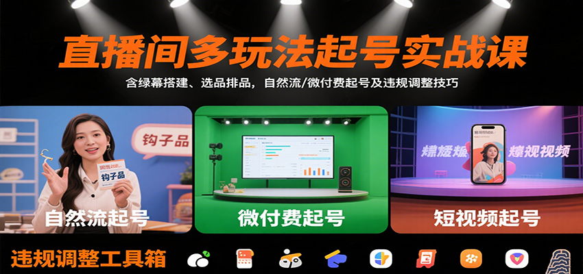 直播间多玩法起号实战课：含绿幕搭建、选品排品，自然流/微付费起号及违规调整技巧-极光网创