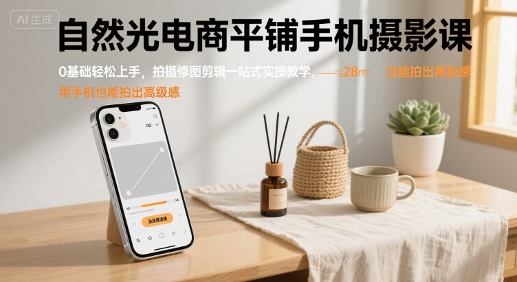 自然光电商平铺手机摄影课，0基础轻松上手，拍摄修图剪辑一站式实操教学，用手机也能拍出高级感-极光网创