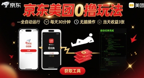京东美团平台最新0撸玩法，全自动挂G，每天30分钟，无脑操作，当天收益3张【揭秘】-极光网创