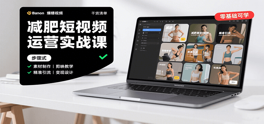 减肥短视频运营实战课：含素材制作、剪映教学，讲精准引流、变现设计与内容模板技巧-极光网创