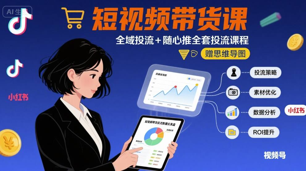 最新短视频带货课，全域投流+随心推全套投流课程+思维导图-极光网创