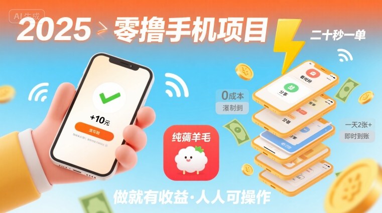 2025年零撸手机项目，二十秒一单，纯薅羊毛 一天2张+做就有-极光网创