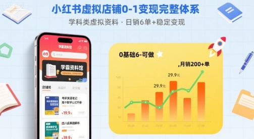 小红书虚拟店铺0-1变现完整体系:卖学科类虚拟资料,一天6张+,很稳定【已完结】-极光网创