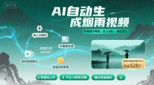 不用拍不用剪!AI自动生成烟雨视频,日入5张+,睡后收入-极光网创