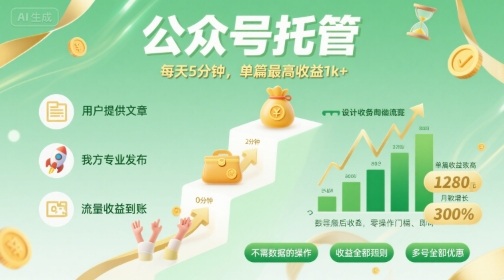 【公众号托管 】我提供文章，你发布，每天5分钟，单篇最高收益1k+【揭秘】-极光网创