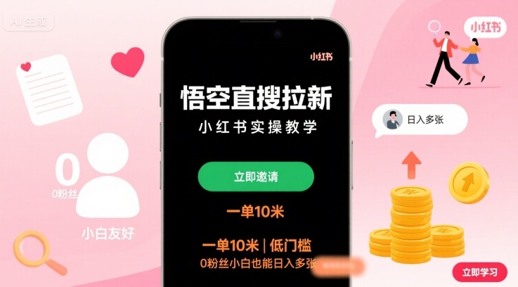 悟空直搜拉新小红书实操教学，一单10米，低门槛，0粉丝小白也能日入多张-极光网创