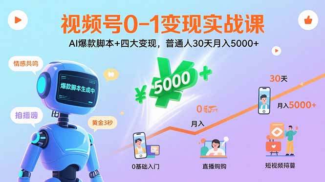 视频号0-1变现实战课：AI爆款脚本+四大变现，普通人30天月入5000+-极光网创