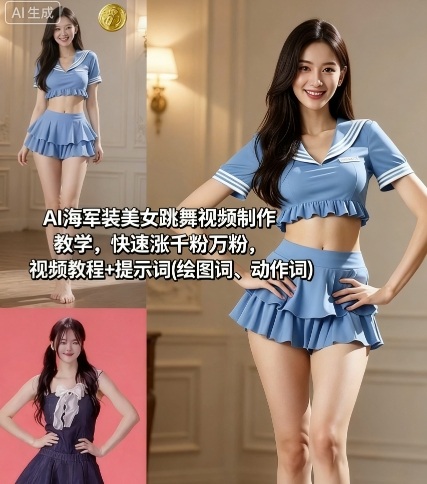 AI海军装美女跳舞视频制作教学，快速涨千粉万粉，视频教程+提示词(绘图词、动作词)-极光网创