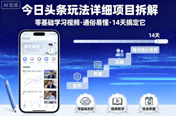 今日头条玩法详细项目拆解，零基础学习视频 通俗易懂 14天搞定它-极光网创