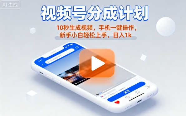 视频号分成计划懒人玩法,10秒生成视频,手机一键操作,新手小白轻松上手,日入1K【揭秘】-极光网创