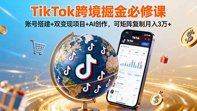 TikTo跨境掘金必修课，账号搭建+双变现项目+AI创作，可矩阵复制月入3万+-极光网创