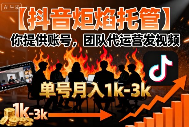 【抖音炬焰托管】你提供账号，团队代运营发视频，单号月入1k+【揭秘】-极光网创