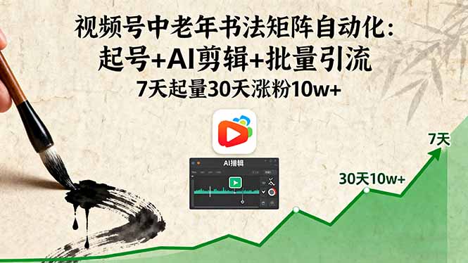 视频号中老年书法矩阵自动化：起号+AI剪辑+批量引流 7天起量30天涨粉10w+-极光网创