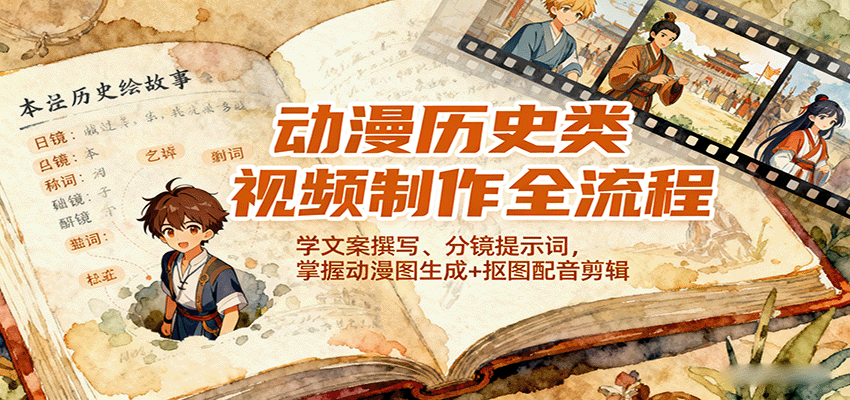 动漫历史类视频制作全流程，学文案撰写、分镜提示词，掌握动漫图生成+抠图配音剪辑-极光网创