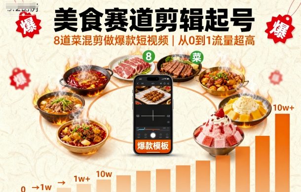 美食赛道剪辑起号,8道菜混剪做爆款短视频,从0到1,流量超高-极光网创