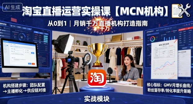 淘宝直播运营实操课【MCN机构】，从0到1做一家月销千W的直播机构-极光网创