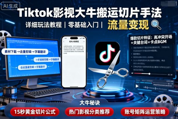 Tiktok影视大牛搬运切片手法，详细玩法教程-极光网创