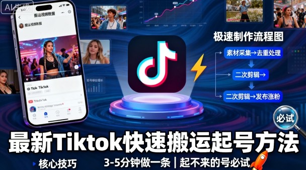 最新Tiktok快速搬运快速起号方法，3-5分钟做一条，起不来的号可以试试-极光网创