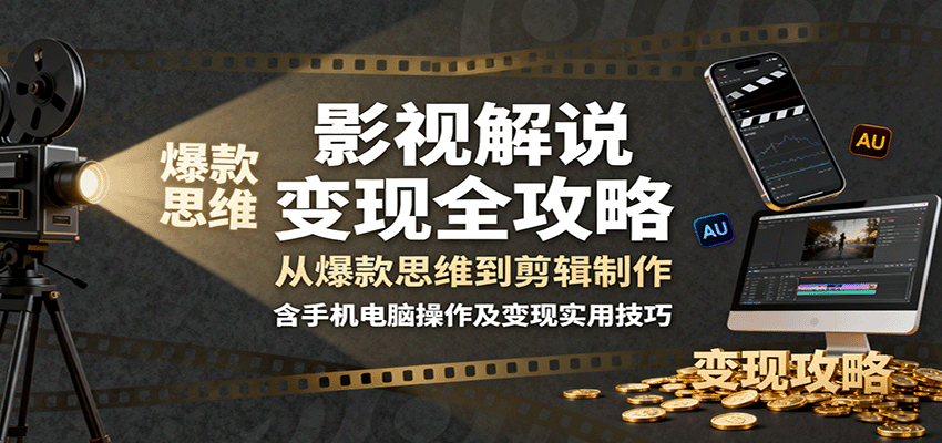 影视解说变现全攻略：从爆款思维到剪辑制作，含手机电脑操作及变现实用技巧-极光网创