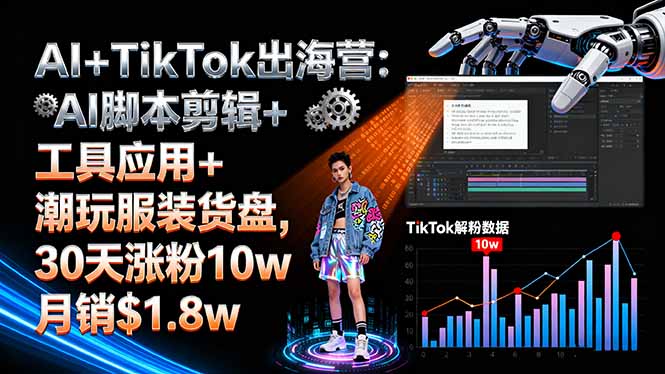 AI+TikTok出海营:AI脚本剪辑+工具应用+潮玩服装货盘,30天涨粉10w月销$1.8w-极光网创