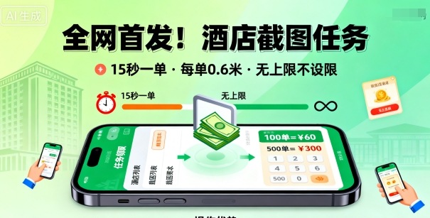 全网首发！酒店截图任务，15秒一单，每单0.6米，任务无上限不设限，矩阵操作单日3张到手【揭秘】-极光网创