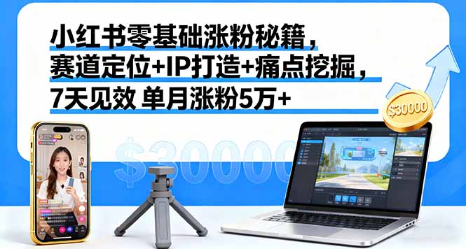 小红书零基础涨粉秘籍，赛道定位+IP打造+痛点挖掘，7天见效 单月涨粉5万+-极光网创