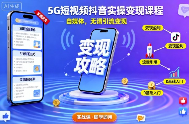 5G短视频抖音实操变现课程，自媒体，无谓引流变现-极光网创