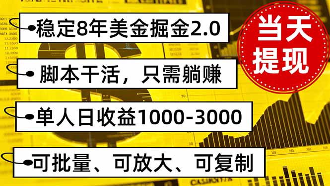 稳定8年美金掘金2.0脚本干活，只需躺赚。单人日收益1000-3000可批量、…-极光网创