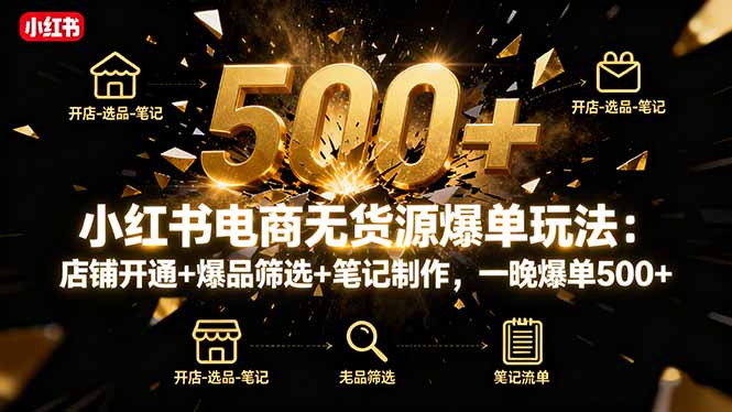 小红书电商无货源爆单玩法：店铺开通+爆品筛选+笔记制作，一晚爆单500+-极光网创
