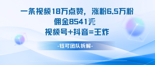 一条视频18W点赞，涨粉6.5W粉佣金8541米，视频号+抖音=王炸-极光网创