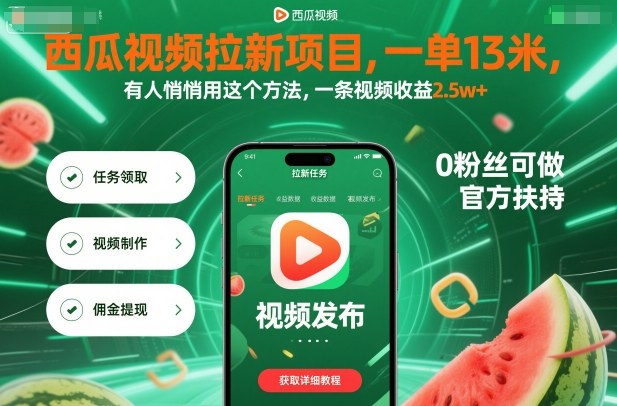 西瓜视频拉新项目，一单13米，有人悄悄用这个方法，一条视频收益2.5w+(附详细教程)-极光网创