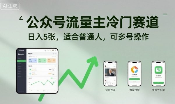 公众号流量主冷门赛道，日入5张，适合普通人，可多号操作-极光网创