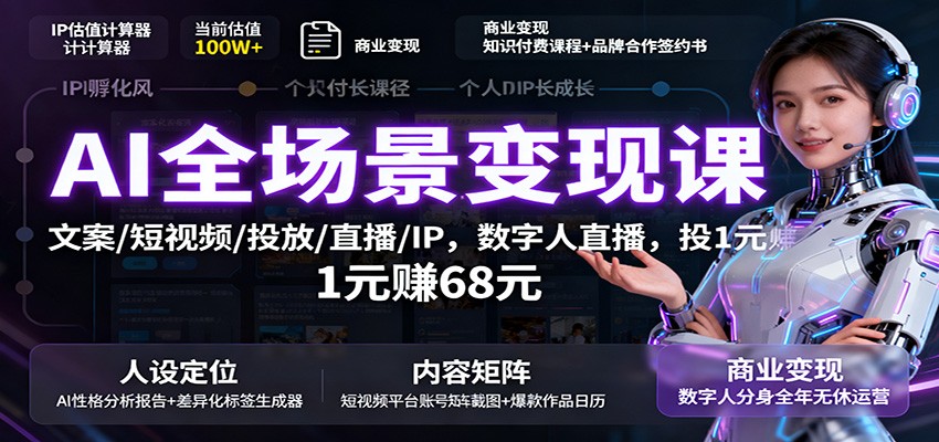 AI全场景变现课：文案/短视频/投放/直播/IP，数字人直播，投1元赚68元-极光网创