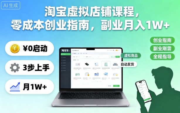 淘宝虚拟店铺课程，零成本创业指南，副业月入1W+-极光网创