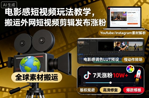 电影感短视频玩法教学，搬运外网短视频剪辑发布涨粉-极光网创