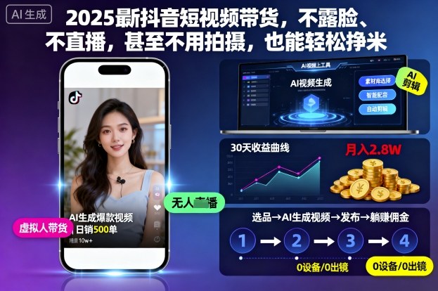 2025最新抖音短视频带货，不露脸、不直播，甚至不用拍摄，也能轻松挣米-极光网创