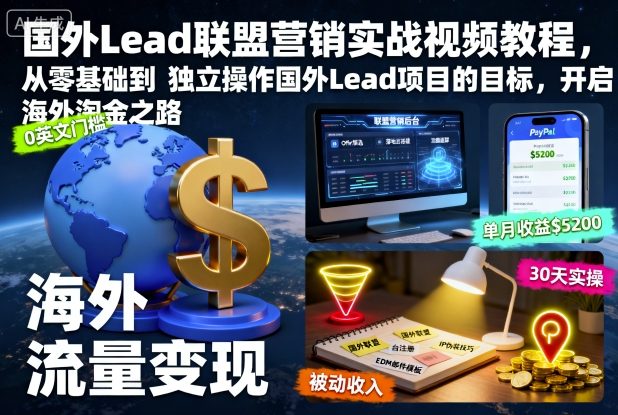 国外Lead联盟营销实战视频教程，从零基础到独立操作国外Lead项目的目标，开启海外淘金之路-极光网创