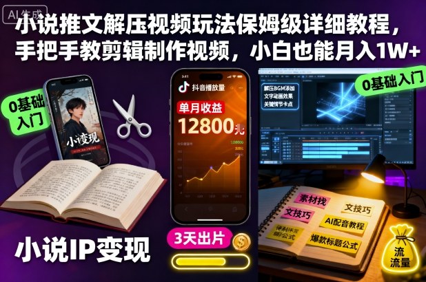 小说推文解压视频玩法保姆级详细教程，手把手教剪辑制作视频，小白也能月入1W+-极光网创