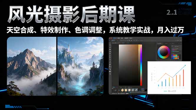 风光摄影后期课，一键换天空合成、特效制作、色调调整，月入过万-极光网创