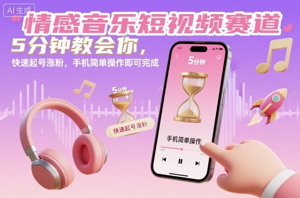 情感音乐短视频赛道,5分钟教会你,快速起号涨粉,手机简单操作即可完成-极光网创