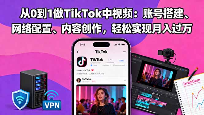 从0到1做TikTok中视频：账号搭建、网络配置、内容创作，轻松实现月入过万-极光网创